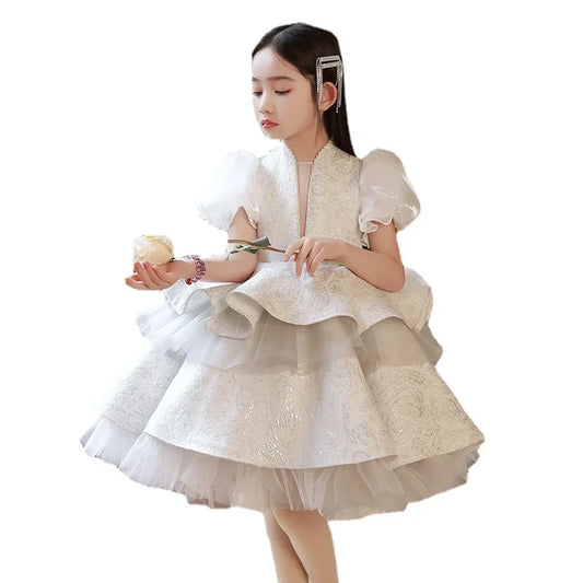 Girls White Lace Layered Puff Sleeve Princess Dress with Tulle Skirt