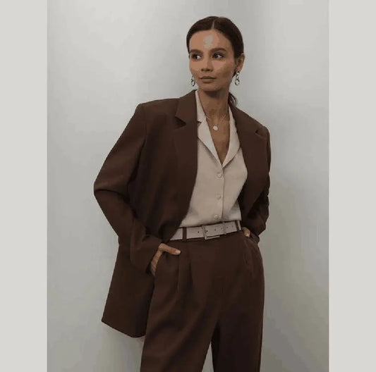 New High-end Brown Women Suit Two Pieces(Jacket+Pants) Lapel Outfits Chic Casual Party Prom Wedding Set