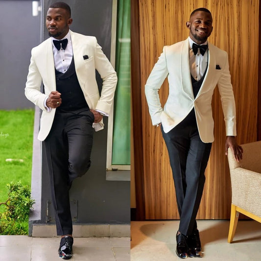 Trajes de hombre color marfil, esmoquin de solapa chal para novio, traje de boda para hombre, chaqueta, blazer, traje de 3 piezas (chaqueta, pantalón y chaleco)