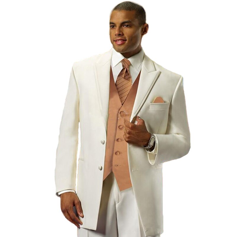 Costume de mariage trois pièces pour homme, ivoire, deux boutons, revers en pointe, smoking, robe de mariée (veste, pantalon, gilet)
