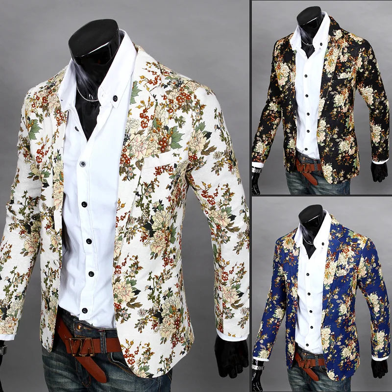 New Male Retro Vintage Casual Blazer Beauty Print Design Mens Fashion Suit Jacket Singer Costume fashion nightclub dance Coat