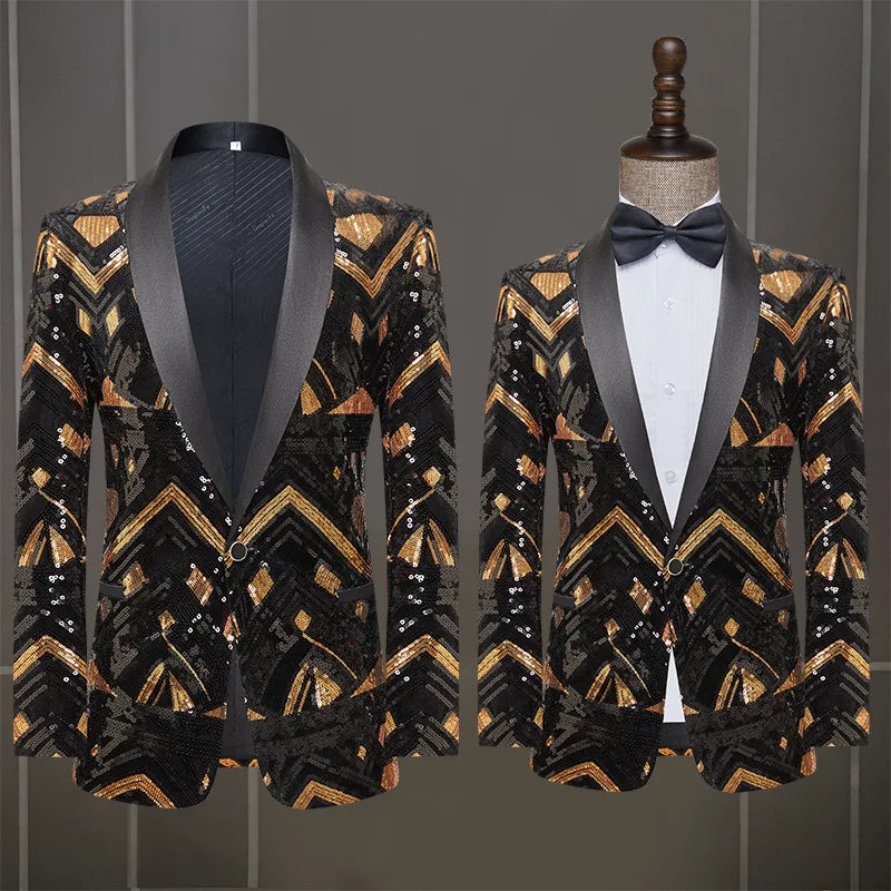Blazer de hombre con lentejuelas negras y doradas, ideal para espectáculos, bodas en clubes nocturnos (solo chaqueta) 