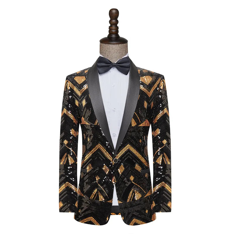 Blazer de hombre con lentejuelas negras y doradas, ideal para espectáculos, bodas en clubes nocturnos (solo chaqueta) 