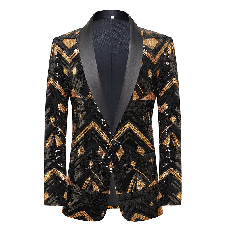 Blazer de hombre con lentejuelas negras y doradas, ideal para espectáculos, bodas en clubes nocturnos (solo chaqueta) 