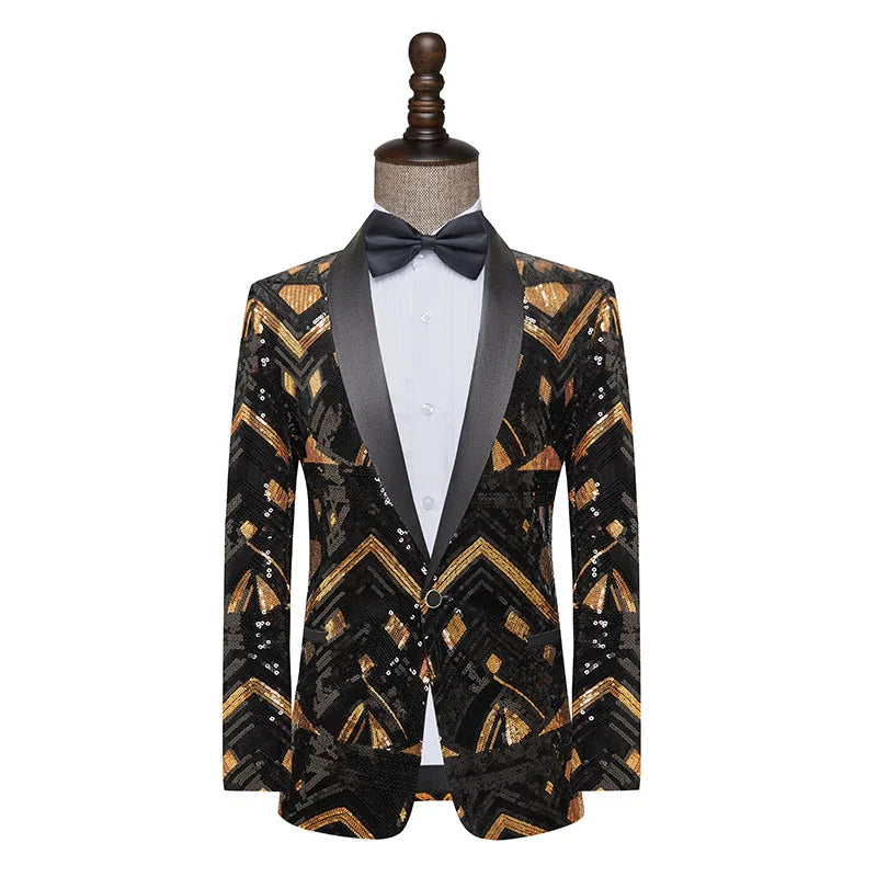 Blazer de hombre con lentejuelas negras y doradas, ideal para espectáculos, bodas en clubes nocturnos (solo chaqueta) 