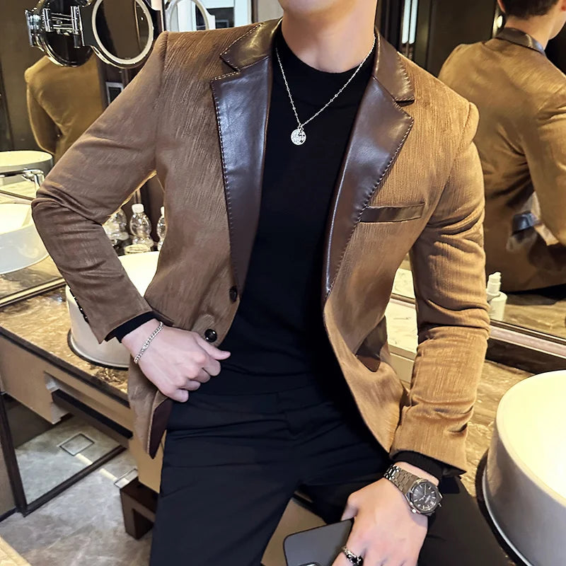 New Men's Fashion Business Casual Gentleman Wedding Korean Version Pieced Leather Texture Deerskin Velvet Senior Sense Blazer