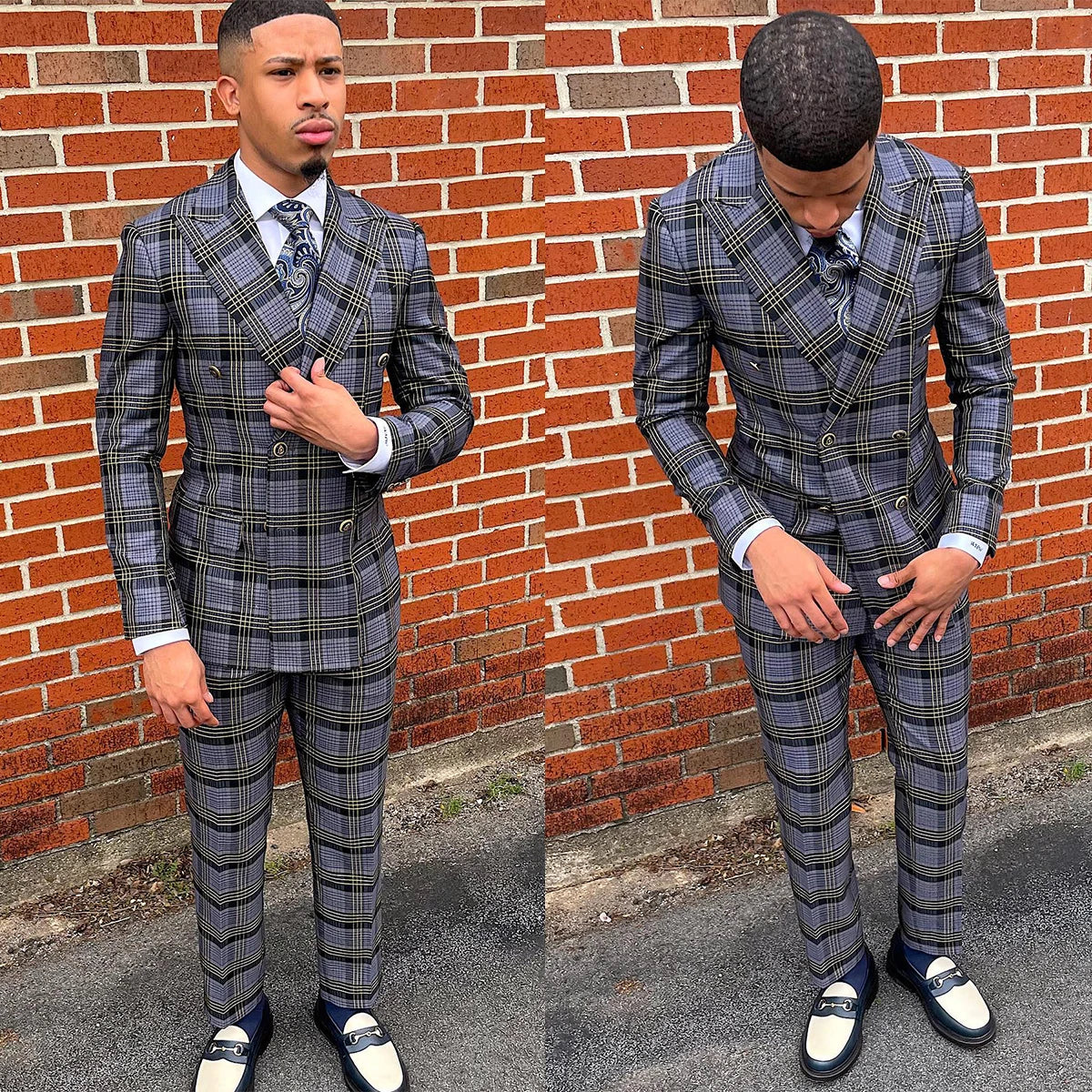 Stylish Men's Double Breasted Plaid Suit Set - Elegant Blazer and Trousers for Formal Events and Weddings