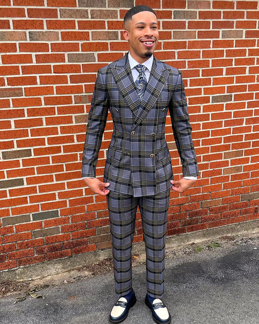 Stylish Men's Double Breasted Plaid Suit Set - Elegant Blazer and Trousers for Formal Events and Weddings