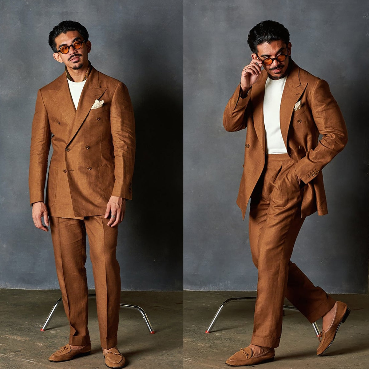 Men's Suit 2 Pieces Blazer Pants Peaked Lapel Double Breasted Formal Work Wear Linen  Tailored Plus Size Costume Homme