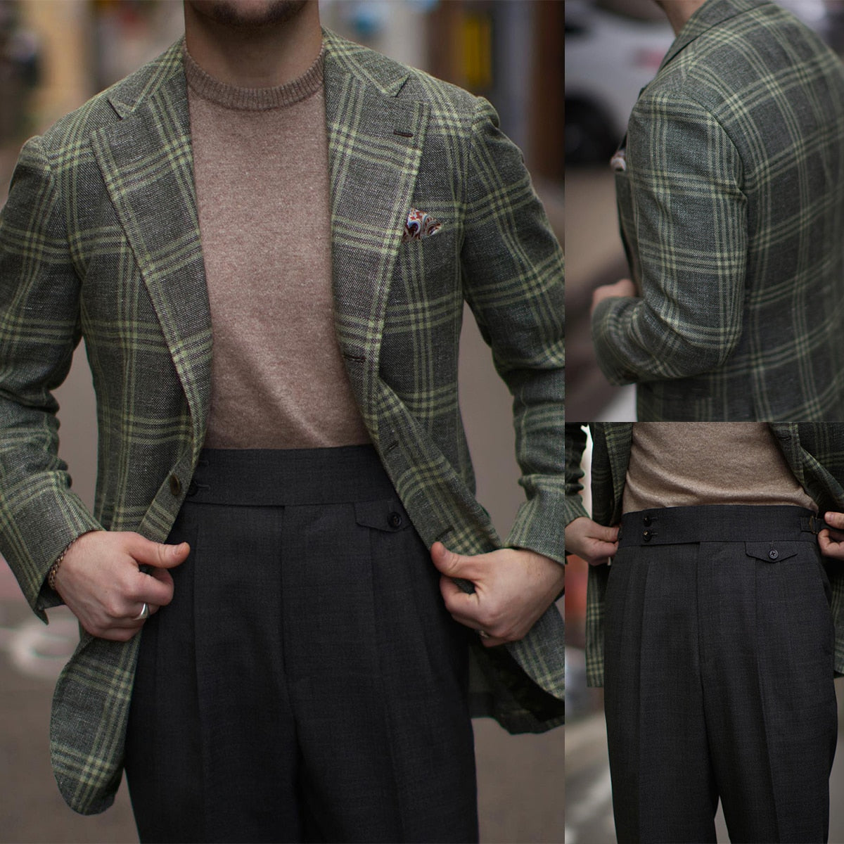 Traje de 2 piezas para hombre, blazer, pantalón, botonadura sencilla, solapa de pico, para negocios, ajustado, a cuadros, esmoquin, traje formal de boda para novio 
