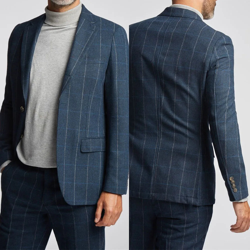 New Men's Suit Two Buttons 2 Pieces Blazer Pants Buckle Work Wool Wear Checkered Wedding Prom Costume