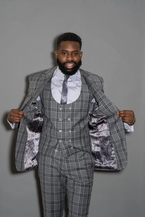 Trajes de hombre nuevos, corte entallado, 3 piezas, blazer, chaleco, pantalones, botonadura sencilla, para negocios, solapa de pico, a cuadros, para boda, novio, a medida, talla grande