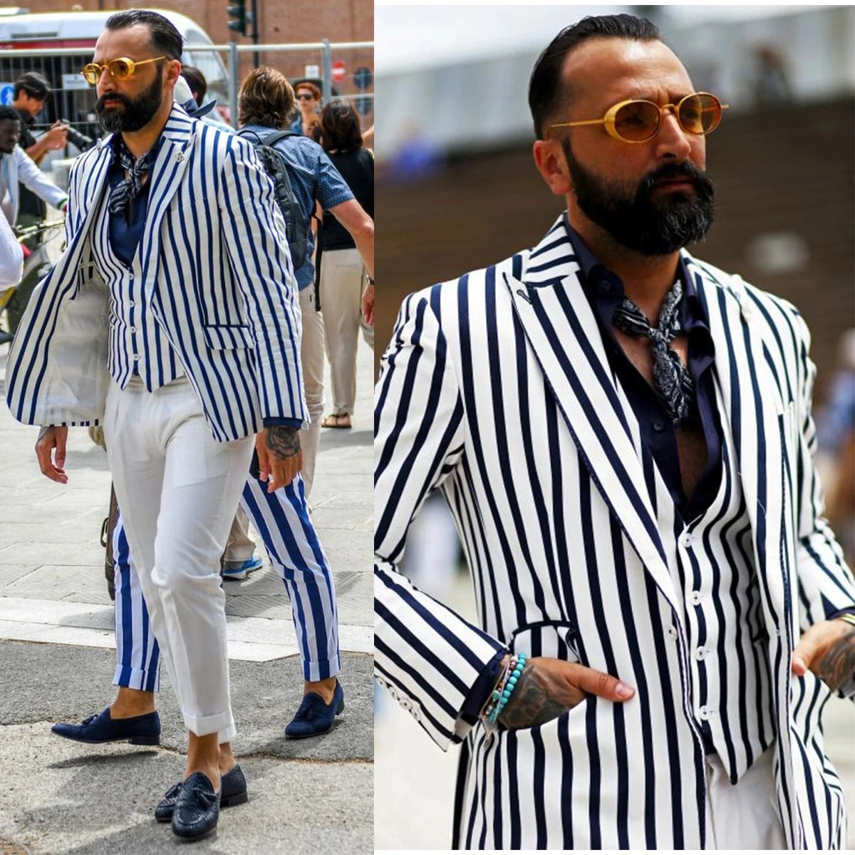 Trajes de hombre a medida de 3 piezas, blazer a rayas, chaleco, pantalón blanco, solapa de pico, un botón, corte entallado, para boda, hecho a medida, talla grande 