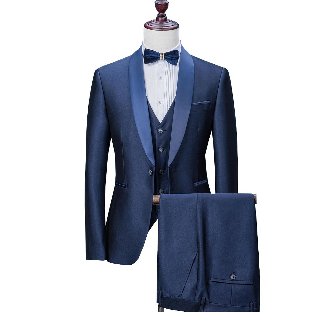 Costumes pour hommes, costumes de mariage pour hommes, col châle, costume 3 pièces, coupe slim, bleu, veste de smoking pour hommes (blazer + pantalon + gilet) 