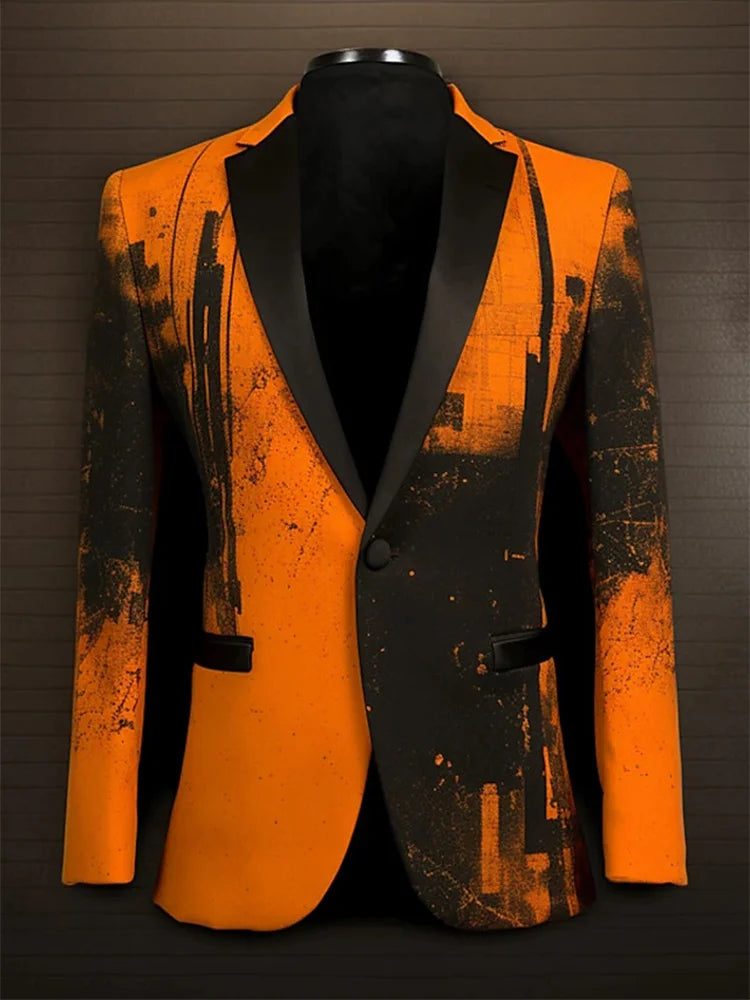 Superbe costume de smoking orange à motifs abstraits pour homme, idéal pour les mariages et les événements formels.