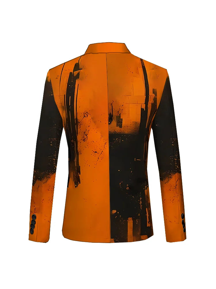 Impresionante traje de esmoquin naranja con estampado abstracto para hombre, ideal para bodas y eventos formales.