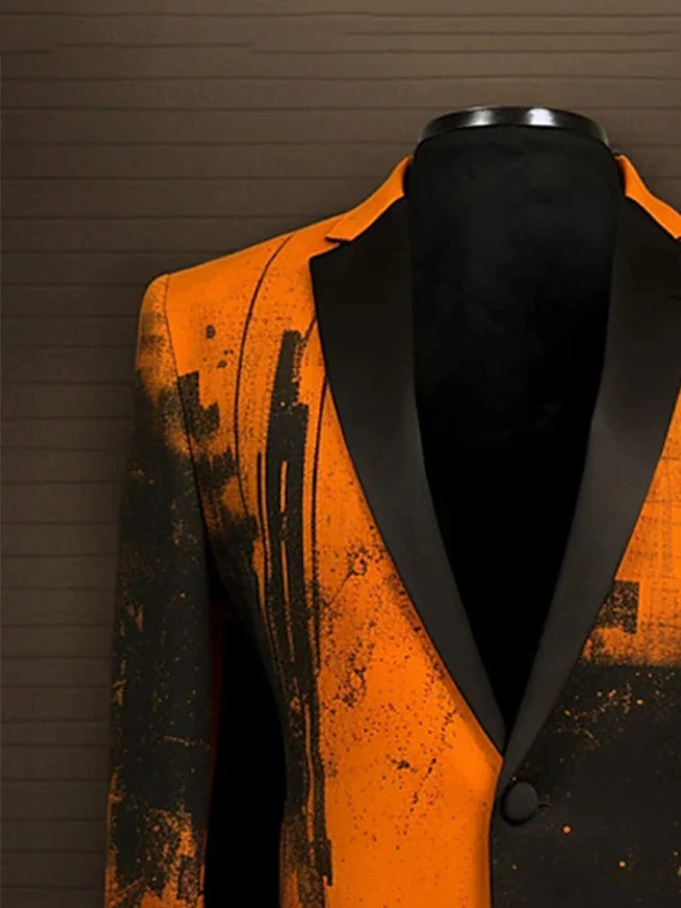 Superbe costume de smoking orange à motifs abstraits pour homme, idéal pour les mariages et les événements formels.