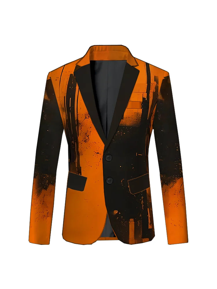 Superbe costume de smoking orange à motifs abstraits pour homme, idéal pour les mariages et les événements formels.