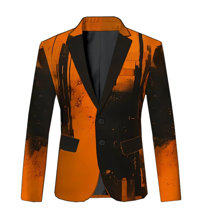 Superbe costume de smoking orange à motifs abstraits pour homme, idéal pour les mariages et les événements formels.