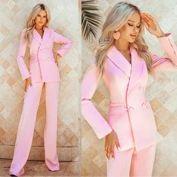 Chic Pink Double-Breasted Women's Suit Set - Stylish Slim Fit Blazer and Pants for Parties and Night Out