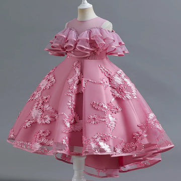 Girls Pink Floral Embroidered Ruffle Sleeveless High Low Party Dress