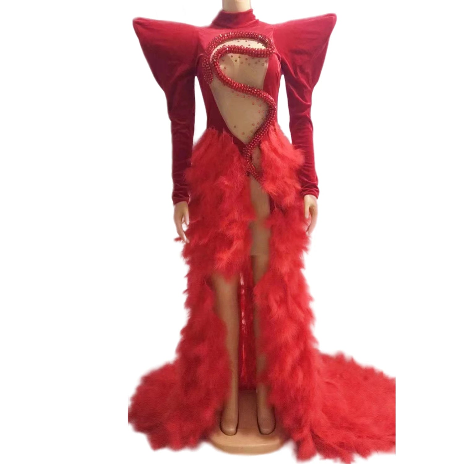 Superbe robe de soirée rouge en plumes pour femme avec détails en strass, idéale pour les fêtes et les célébrations 