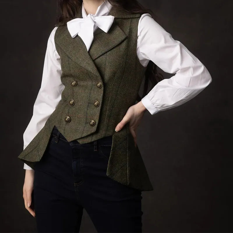 Chaleco de traje para mujer, chaqueta cruzada de tweed con diseño de espiga a cuadros, los mejores abrigos, ropa, Płaszcz 