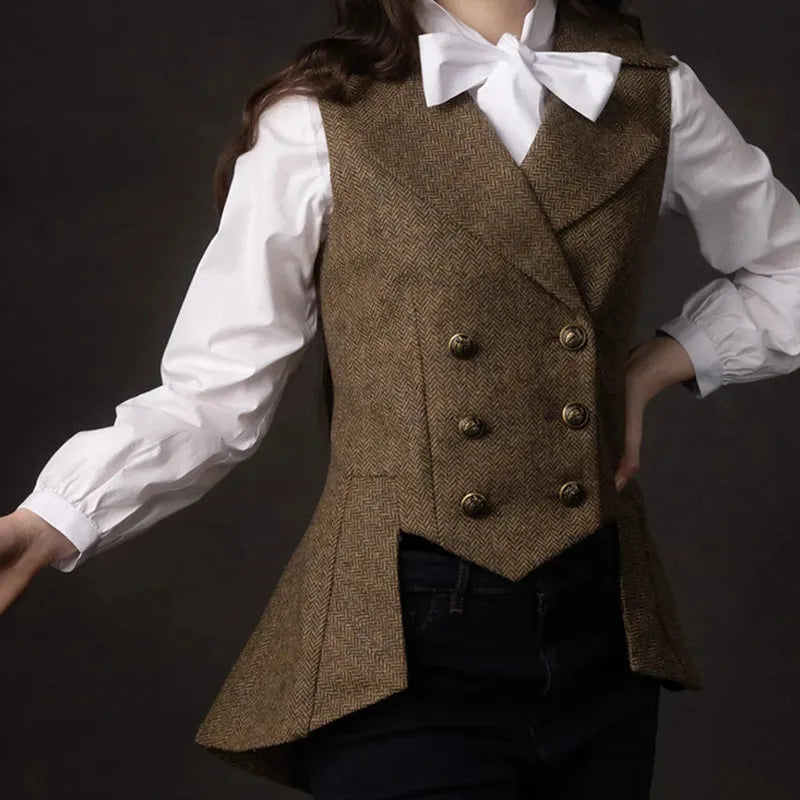 Chaleco de traje para mujer, chaqueta cruzada de tweed con diseño de espiga a cuadros, los mejores abrigos, ropa, Płaszcz 