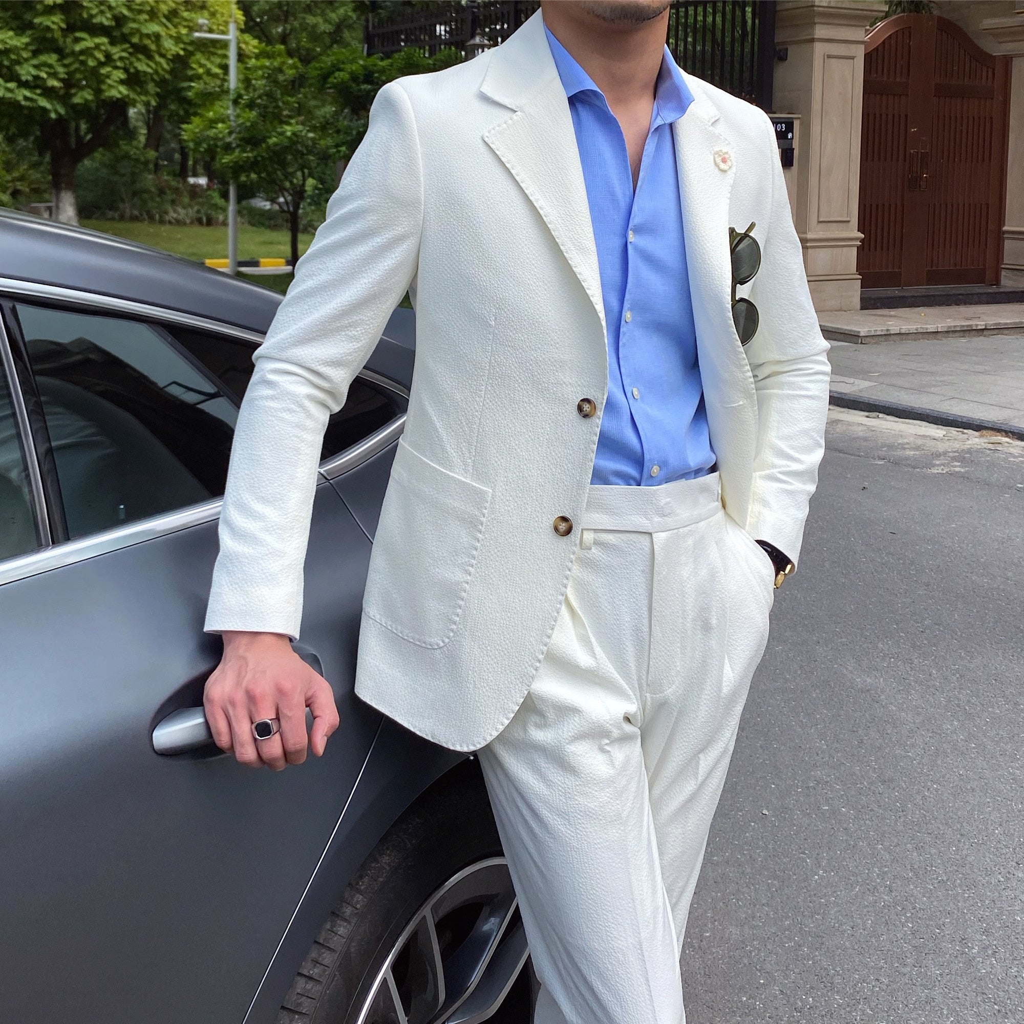 Costume d'été en seersucker pour homme, style italien, coupe slim britannique, décontracté, blanc, tendance, smoking 