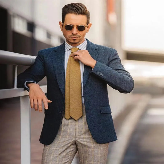 New Wedding Suit Navy Blue Coat Beige Plaid Trousers Tuxedo Homme Business Casual Slim Luxury Gentleman 2-Piece