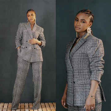 Elegant Women's Plaid Double-Breasted Blazer and Trouser Set for Office Chic Style