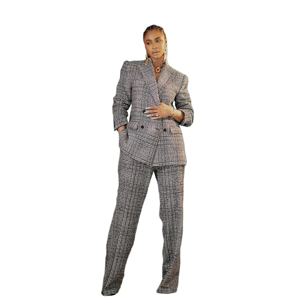 Elegant Women's Plaid Double-Breasted Blazer and Trouser Set for Office Chic Style