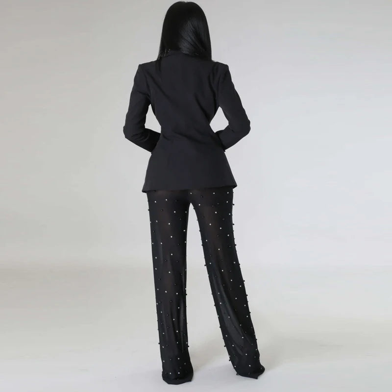 New Women's Long Sleeved Mesh Beaded Pants Set Office Ol Commuting Elegant Business Two-piece Set Formal Occasion Women's Suit