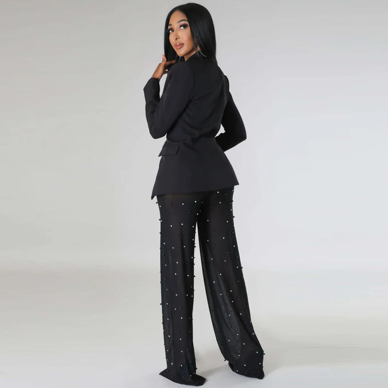 New Women's Long Sleeved Mesh Beaded Pants Set Office Ol Commuting Elegant Business Two-piece Set Formal Occasion Women's Suit
