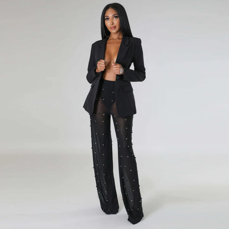 New Women's Long Sleeved Mesh Beaded Pants Set Office Ol Commuting Elegant Business Two-piece Set Formal Occasion Women's Suit