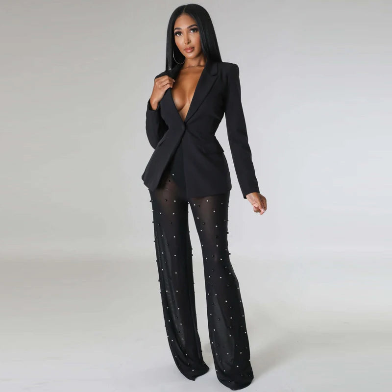 New Women's Long Sleeved Mesh Beaded Pants Set Office Ol Commuting Elegant Business Two-piece Set Formal Occasion Women's Suit
