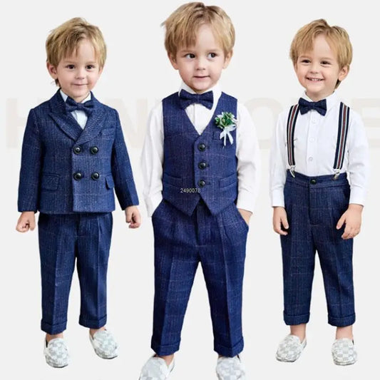 Boys Navy Blue Dress Suit with Vest Bow Tie and White Shirt