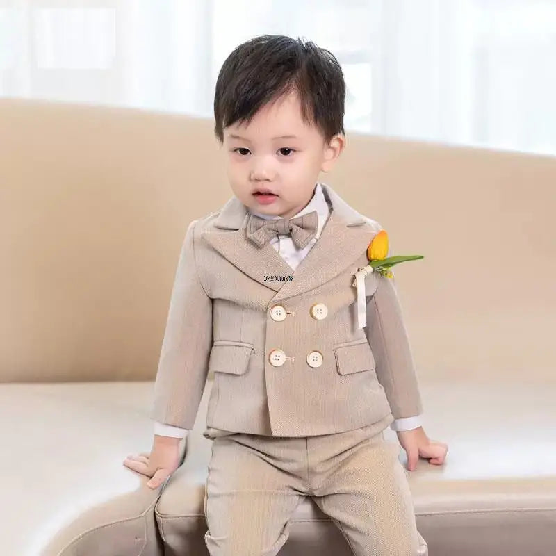 Boys Beige Double Breasted Suit with Bow Tie and Lapel Flower