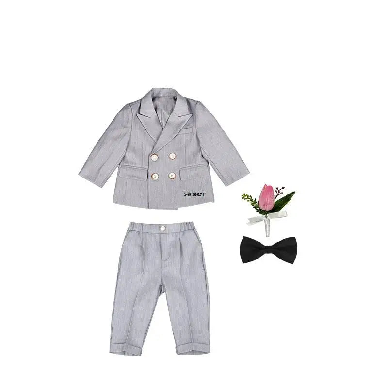 Boys Beige Double Breasted Suit with Bow Tie and Lapel Flower