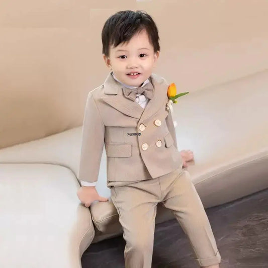 Boys Beige Double Breasted Suit with Bow Tie and Lapel Flower