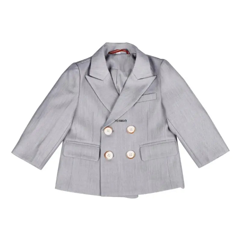 Boys Beige Double Breasted Suit with Bow Tie and Lapel Flower