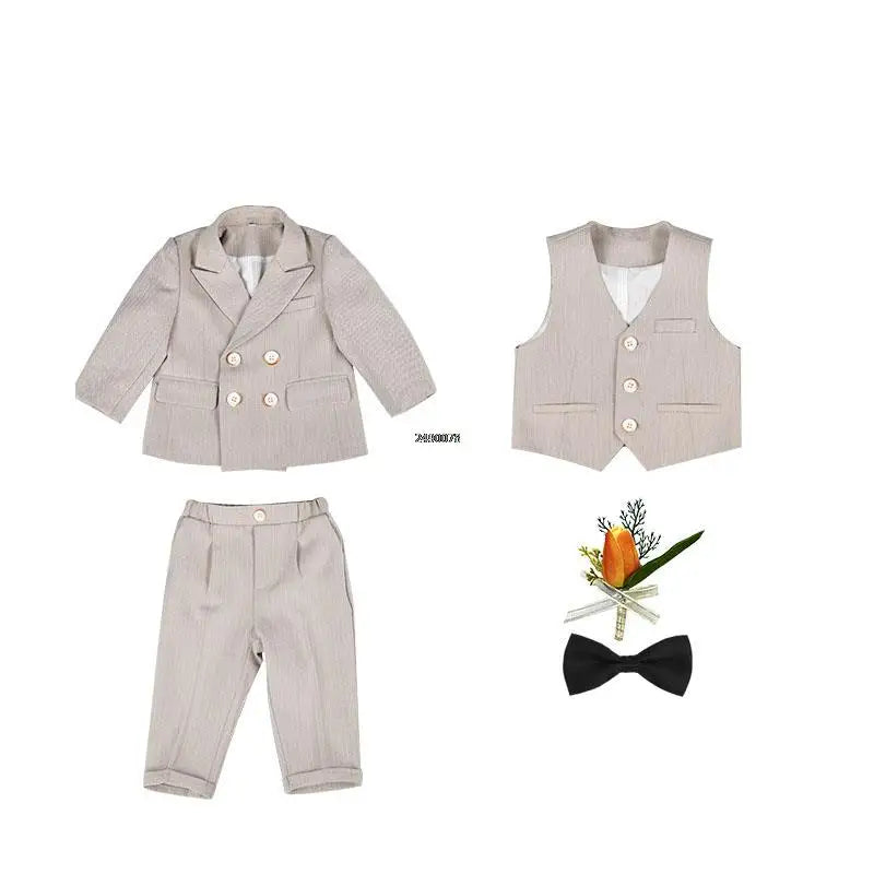 Boys Beige Double Breasted Suit with Bow Tie and Lapel Flower
