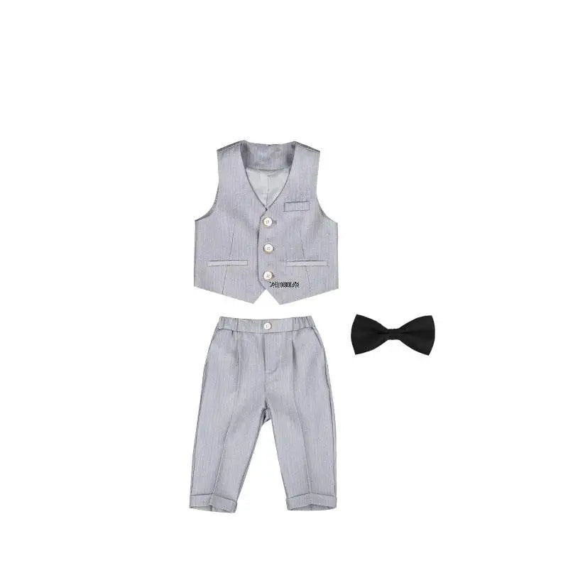 Boys Beige Double Breasted Suit with Bow Tie and Lapel Flower