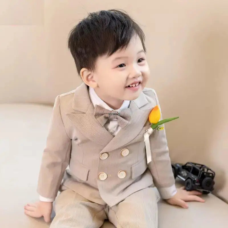 Boys Beige Double Breasted Suit with Bow Tie and Lapel Flower