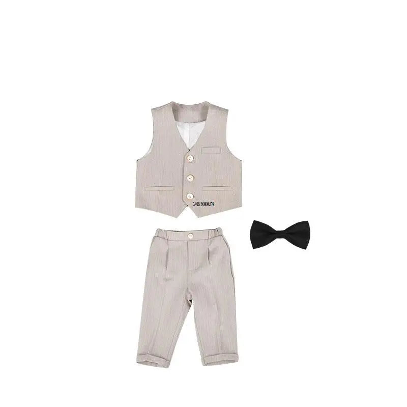 Boys Beige Double Breasted Suit with Bow Tie and Lapel Flower
