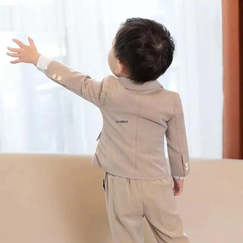 Boys Beige Double Breasted Suit with Bow Tie and Lapel Flower