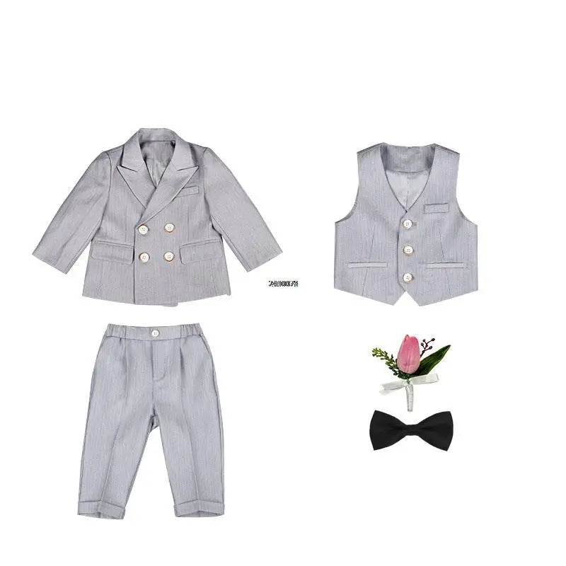 Boys Beige Double Breasted Suit with Bow Tie and Lapel Flower