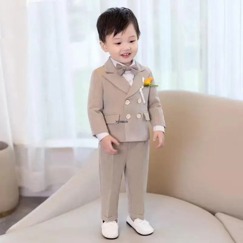 Boys Beige Double Breasted Suit with Bow Tie and Lapel Flower