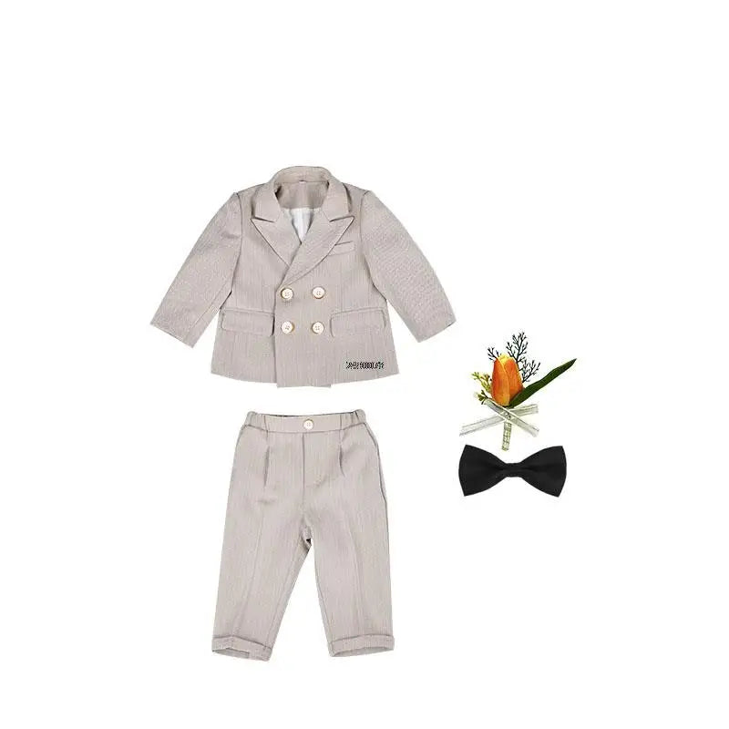 Boys Beige Double Breasted Suit with Bow Tie and Lapel Flower