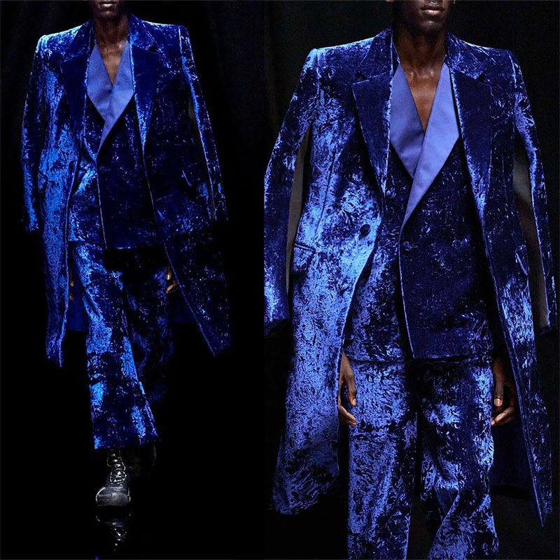 Ensemble de costumes 3 pièces en velours pour hommes, bleu roi, pour mariage, formel, long pardessus + blazer + pantalon, sur mesure, robe de bal, smoking de marié 